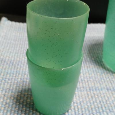 Vintage Hand Forged Hammered Aluminum Handled Fruit Design Serving Plate Tray Aluminum pitcher and vintage plastic pitcher with two small...