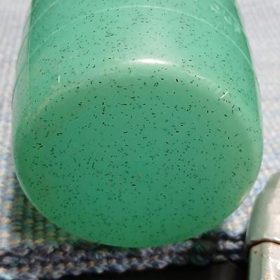 Vintage Hand Forged Hammered Aluminum Handled Fruit Design Serving Plate Tray Aluminum pitcher and vintage plastic pitcher with two small...