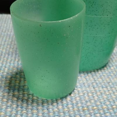 Vintage Hand Forged Hammered Aluminum Handled Fruit Design Serving Plate Tray Aluminum pitcher and vintage plastic pitcher with two small...