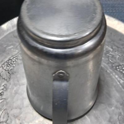 Vintage Hand Forged Hammered Aluminum Handled Fruit Design Serving Plate Tray Aluminum pitcher and vintage plastic pitcher with two small...