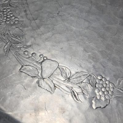 Vintage Hand Forged Hammered Aluminum Handled Fruit Design Serving Plate Tray Aluminum pitcher and vintage plastic pitcher with two small...