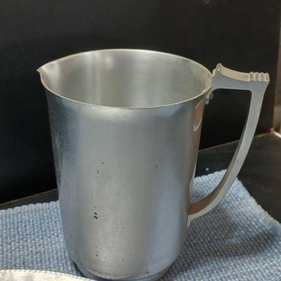 Vintage Hand Forged Hammered Aluminum Handled Fruit Design Serving Plate Tray Aluminum pitcher and vintage plastic pitcher with two small...