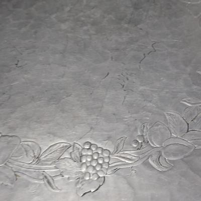 Vintage Hand Forged Hammered Aluminum Handled Fruit Design Serving Plate Tray Aluminum pitcher and vintage plastic pitcher with two small...