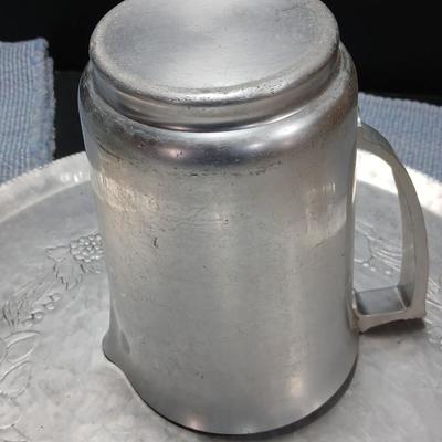 Vintage Hand Forged Hammered Aluminum Handled Fruit Design Serving Plate Tray Aluminum pitcher and vintage plastic pitcher with two small...