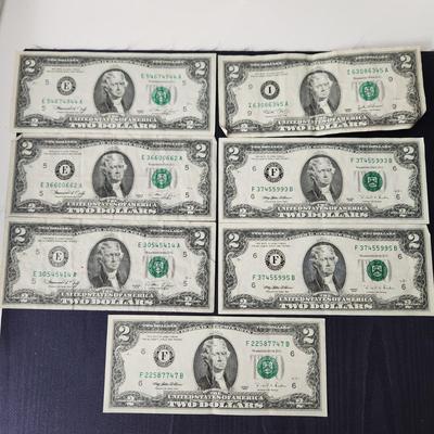 Lot of 7 $2 Dollar Bills Series 1976,1995, 2003