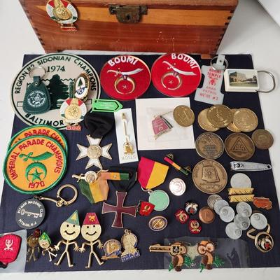 Wooden Box filled with Masonic Boumi Temple Collectibles , Patches , Pins, Coins, Medals