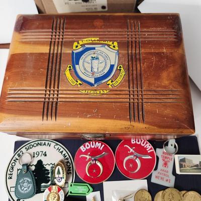 Wooden Box filled with Masonic Boumi Temple Collectibles , Patches , Pins, Coins, Medals