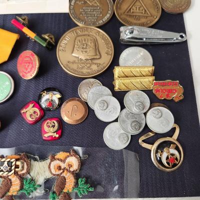 Wooden Box filled with Masonic Boumi Temple Collectibles , Patches , Pins, Coins, Medals