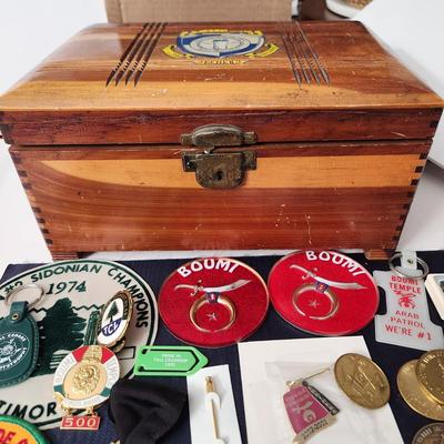 Wooden Box filled with Masonic Boumi Temple Collectibles , Patches , Pins, Coins, Medals