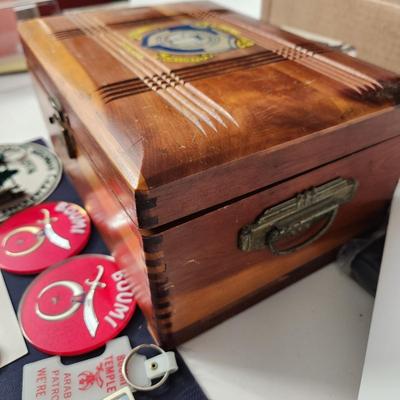 Wooden Box filled with Masonic Boumi Temple Collectibles , Patches , Pins, Coins, Medals