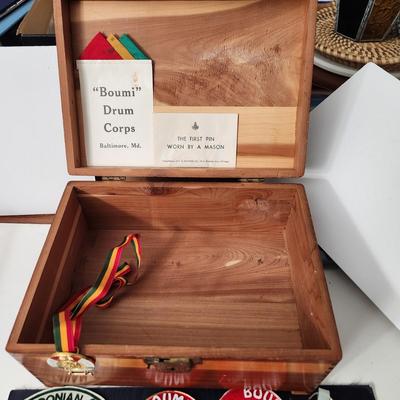 Wooden Box filled with Masonic Boumi Temple Collectibles , Patches , Pins, Coins, Medals