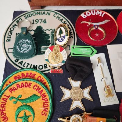 Wooden Box filled with Masonic Boumi Temple Collectibles , Patches , Pins, Coins, Medals