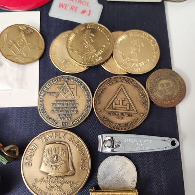 Wooden Box filled with Masonic Boumi Temple Collectibles , Patches , Pins, Coins, Medals