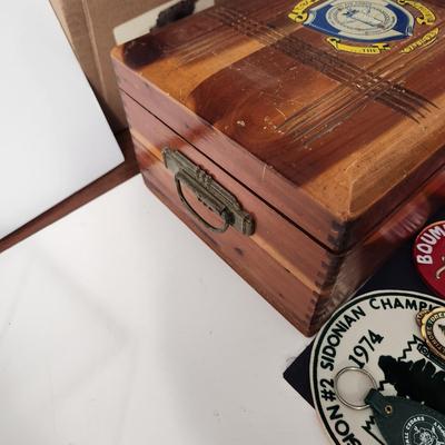 Wooden Box filled with Masonic Boumi Temple Collectibles , Patches , Pins, Coins, Medals