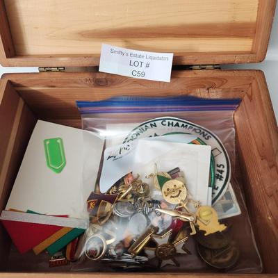 Wooden Box filled with Masonic Boumi Temple Collectibles , Patches , Pins, Coins, Medals