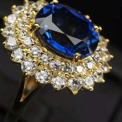 Classically Vivid Blue Sapphire 7.3Ct 925 Sterling Silver 24K Gold Vermeil Ring
