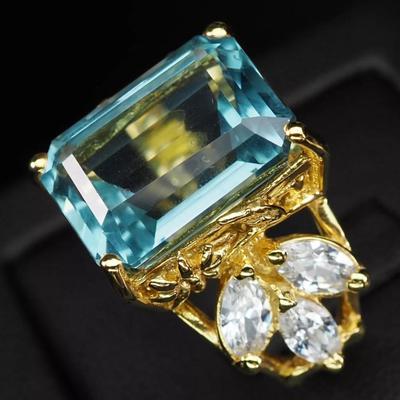 Opulent Sea Blue Aquamarine Baguette 12.40Ct 925 Sterling Silver Ring
