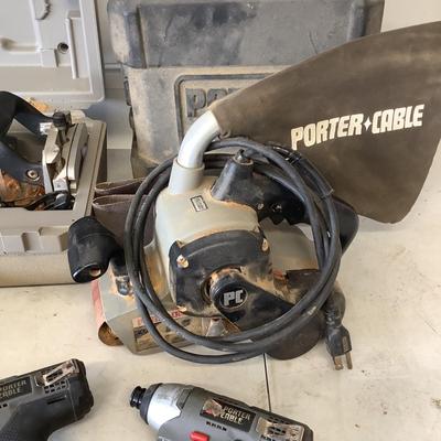 G874 Porter Cable Tool Lot , Belt Sander,Plate Jointer, Drill 2 Lithium Batteries