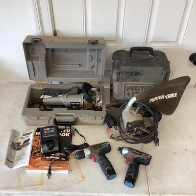 G874 Porter Cable Tool Lot , Belt Sander,Plate Jointer, Drill 2 Lithium Batteries