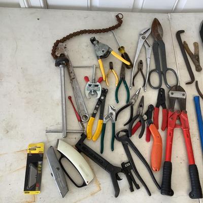 G887 Lot of Assorted Tools , Crowbars, Culk Gun, Metal Cutter,Bolt Cutters and more