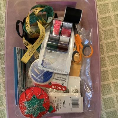 G939 Ironing Board Lot with Iron and Sewing Supplies