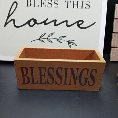 Rustic wooden Hopes & Blessings box with Bless this home wall hanging, stay rooted in Faith, and wooden Jesus wall art