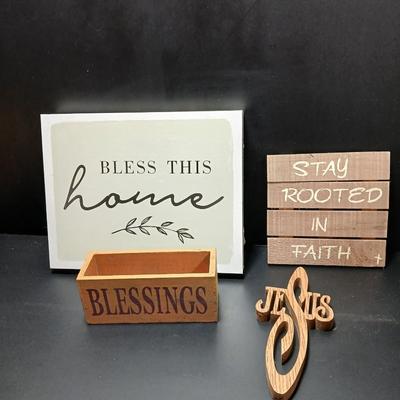 Rustic wooden Hopes & Blessings box with Bless this home wall hanging, stay rooted in Faith, and wooden Jesus wall art