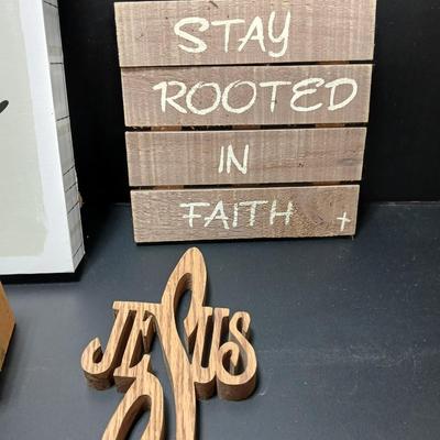 Rustic wooden Hopes & Blessings box with Bless this home wall hanging, stay rooted in Faith, and wooden Jesus wall art