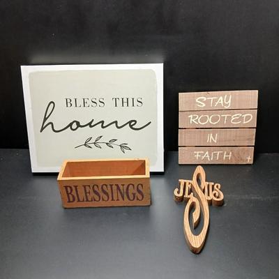 Rustic wooden Hopes & Blessings box with Bless this home wall hanging, stay rooted in Faith, and wooden Jesus wall art