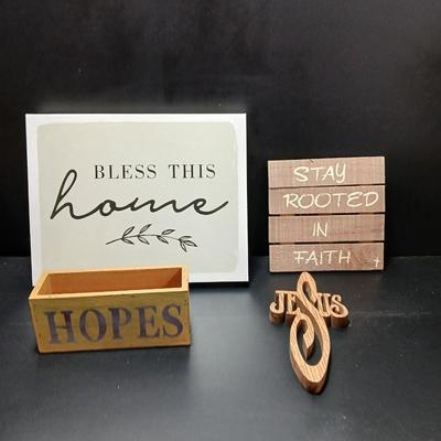 Rustic wooden Hopes & Blessings box with Bless this home wall hanging, stay rooted in Faith, and wooden Jesus wall art