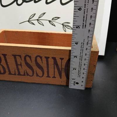 Rustic wooden Hopes & Blessings box with Bless this home wall hanging, stay rooted in Faith, and wooden Jesus wall art