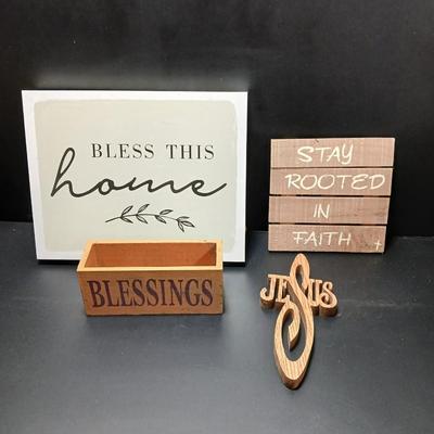 Rustic wooden Hopes & Blessings box with Bless this home wall hanging, stay rooted in Faith, and wooden Jesus wall art