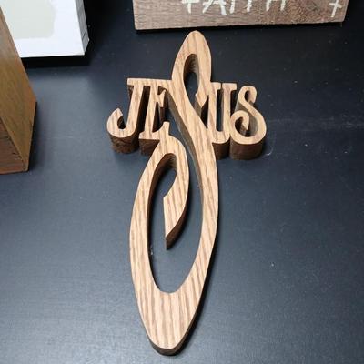 Rustic wooden Hopes & Blessings box with Bless this home wall hanging, stay rooted in Faith, and wooden Jesus wall art