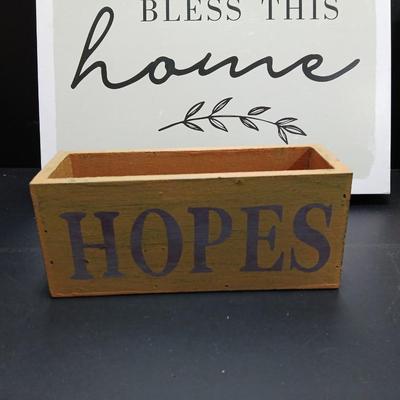 Rustic wooden Hopes & Blessings box with Bless this home wall hanging, stay rooted in Faith, and wooden Jesus wall art