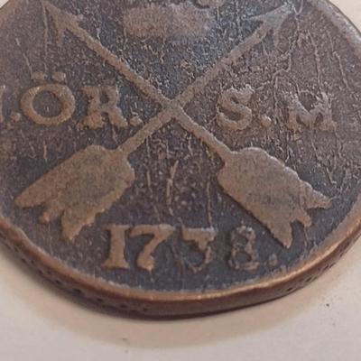 1738 Swedish 1 Ore Copper Coin (80)