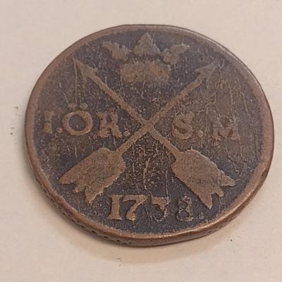 1738 Swedish 1 Ore Copper Coin (80)