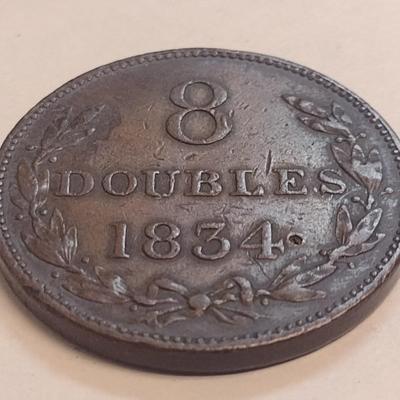 1834 Guernesey Channel Islands 8 Doubles Bronze Coin (82)