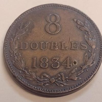 1834 Guernesey Channel Islands 8 Doubles Bronze Coin (82)
