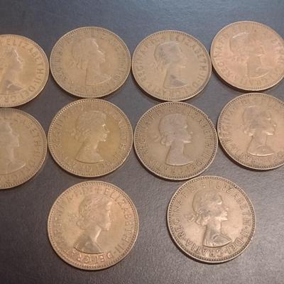 Set of Ten 1960's Era Dei Gratia Regina Bristish One Penny Bronze Coins (90)