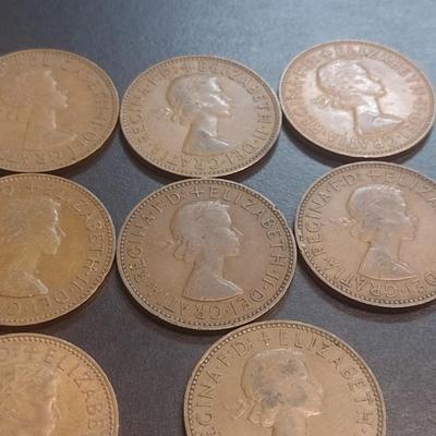 Set of Ten 1960's Era Dei Gratia Regina Bristish One Penny Bronze Coins (90)