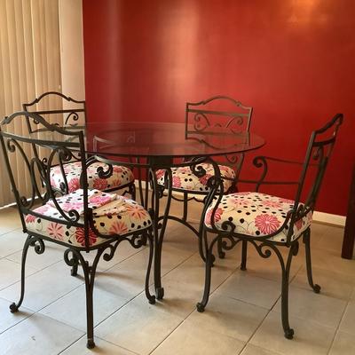 K701 Wrought Iron Glass Top Table and Four Chairs
