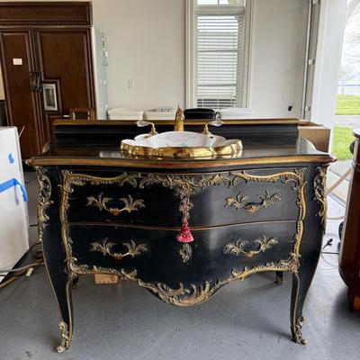610 Louis XV Style Ebonised Vanityw/Porcelain Hand-Painted Sink