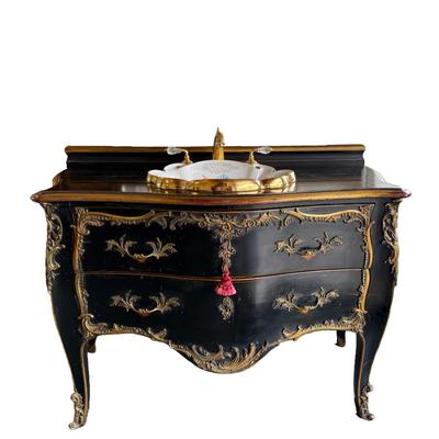 610 Louis XV Style Ebonised Vanityw/Porcelain Hand-Painted Sink