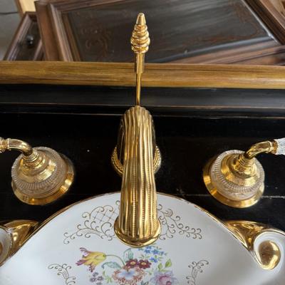 610 Louis XV Style Ebonised Vanityw/Porcelain Hand-Painted Sink