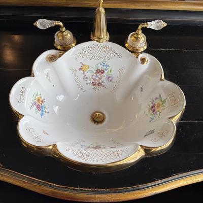 610 Louis XV Style Ebonised Vanityw/Porcelain Hand-Painted Sink
