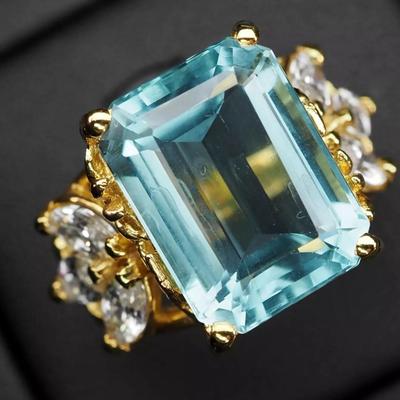 Opulent Sea Blue Aquamarine Baguette 12.40Ct 925 Sterling Silver Ring