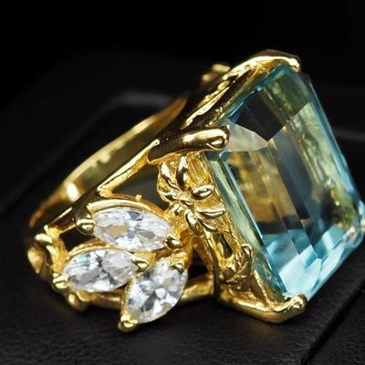 Opulent Sea Blue Aquamarine Baguette 12.40Ct 925 Sterling Silver Ring