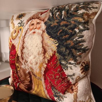 ROYAL DOULTON MUG, STOCKINGS AND HOLDERS PLUS A NEEDLE POINT STYLE PILLOW