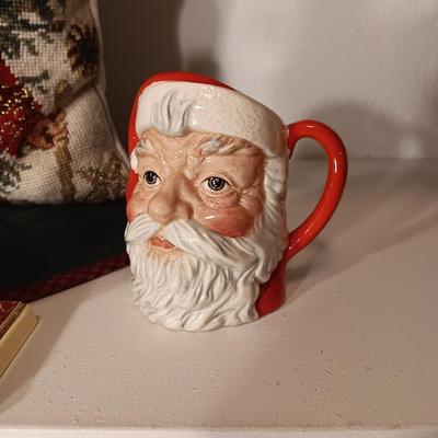 ROYAL DOULTON MUG, STOCKINGS AND HOLDERS PLUS A NEEDLE POINT STYLE PILLOW