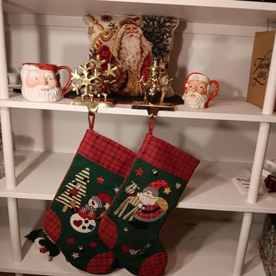 ROYAL DOULTON MUG, STOCKINGS AND HOLDERS PLUS A NEEDLE POINT STYLE PILLOW